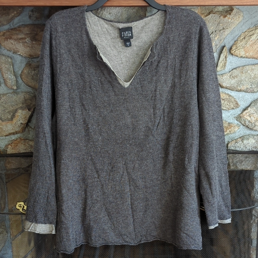 Eileen Fisher Brown Lagenlook Layered V Neck Sweater